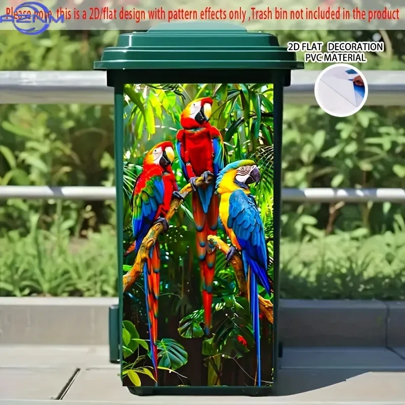 2D 1PCColorful Macaw Parrots Self-Adhesive Dustbin Stickers, Durable PVC Decorative Stickers, Wheelie Bin Stickers,  Perfect f