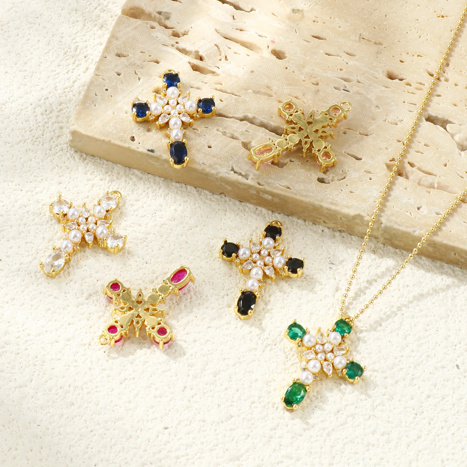 1pc Religious Brass Charms 18K Gold Plated Cross Acrylic Imitation Pearl Multicolor Rhinestone Pendant For DIY Necklace Jewelry