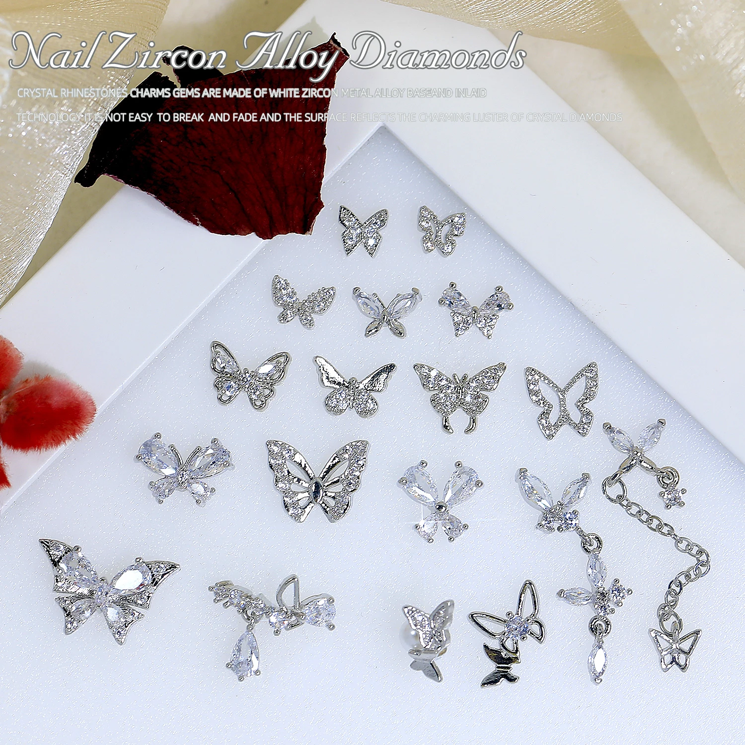 Bling Silver Butterflies Encantos para Nail Art Decoração, Liga Manicure Acessórios, 3D Nails Design, DIY Cristais Jóias, 2Pcs