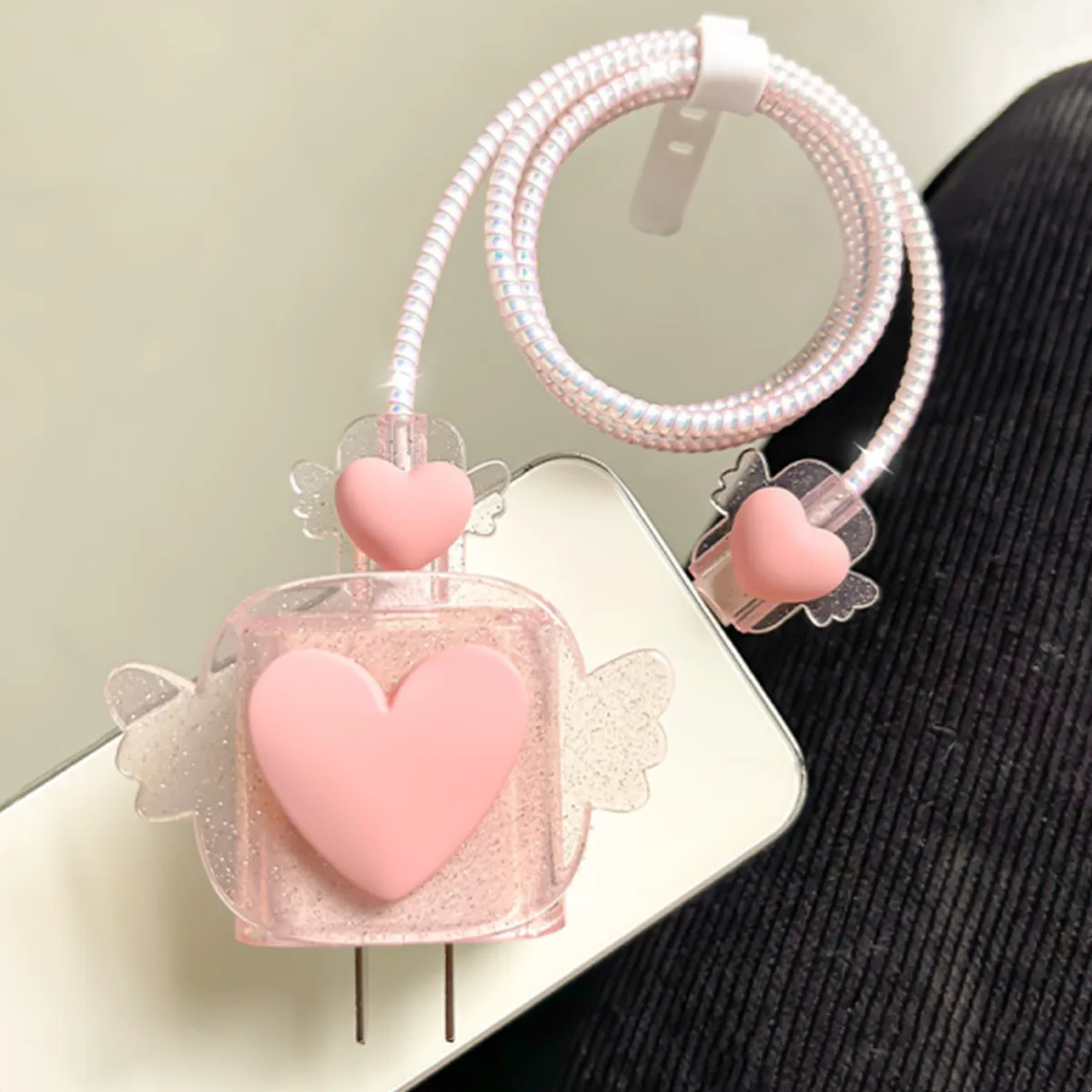 Pink Crystal Angel wings 5pcs Charging Data Cable Protector Winder Accessories For iPhone 18/20w Charger Protective Cover