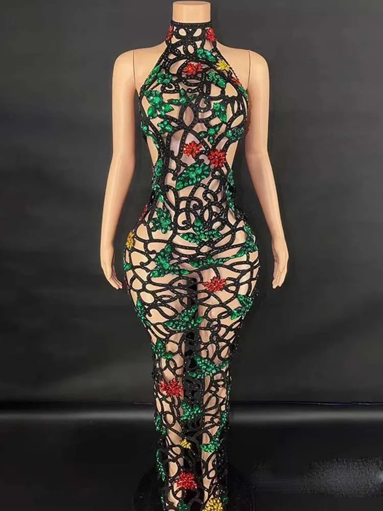Wysokiej jakości kolor Rhinestone seksowna wisząca sukienka z wycięciem pod szyją 2025 nowych moda niestandardowa odzież damska
