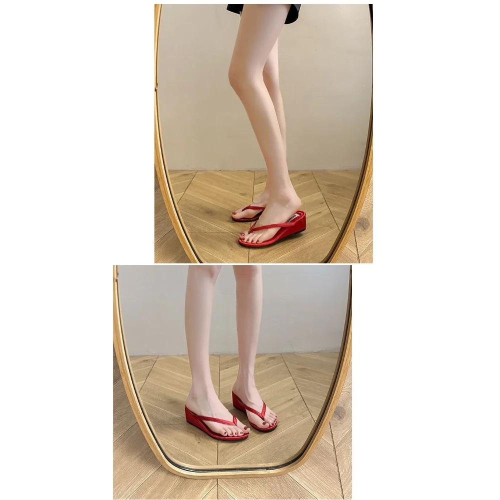 Damen Rote Wildleder Keilabsatz-Flip-Flops, Offene Zehenpartie Sommer-Slides, Bequemes Schuhwerk für Strandurlaub – Detail 12