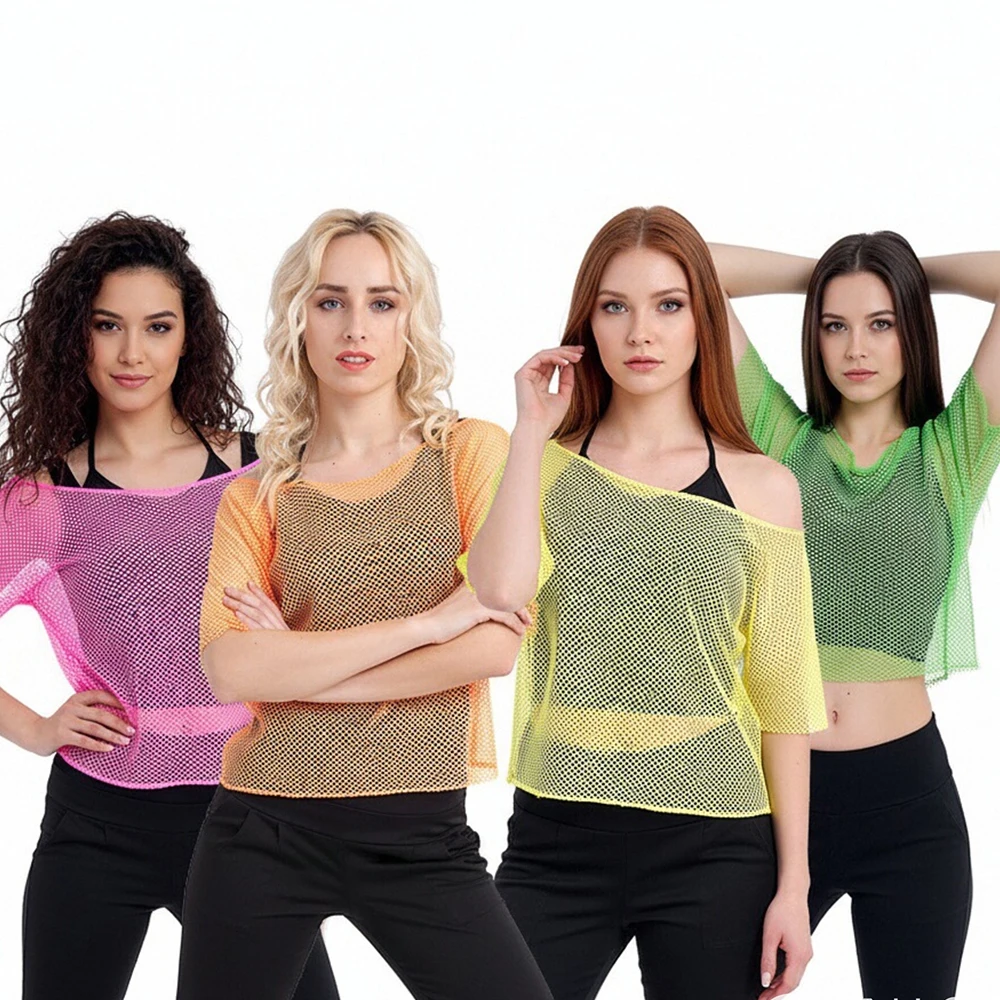 1980S Women Fishnet Tank Top T-Shirt Mesh Cover-Up Party Dance Top Sexy Yoga Casual Cropped Sheer Tops Masquerade Disco Costumes