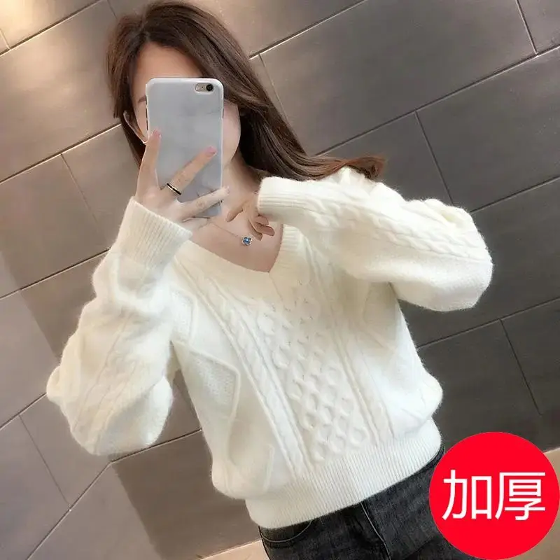 

Low Neck Short V-Neck Sweater Women Spring Autumn Winter Innerwear Petite Heart-Shaped Collar Base Layer Loose