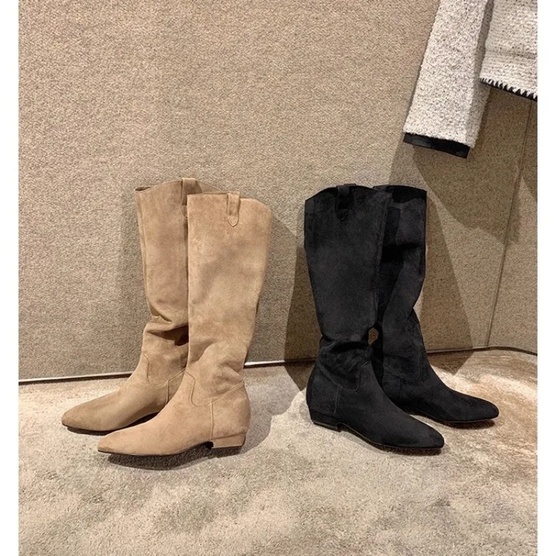 

Женские остроконечные сапоги с v-образным вырезом, уличные замшевые длинные рыцарские сапоги, женские ботинки в западном стиле на толстом каблуке, модные зимние ботинки