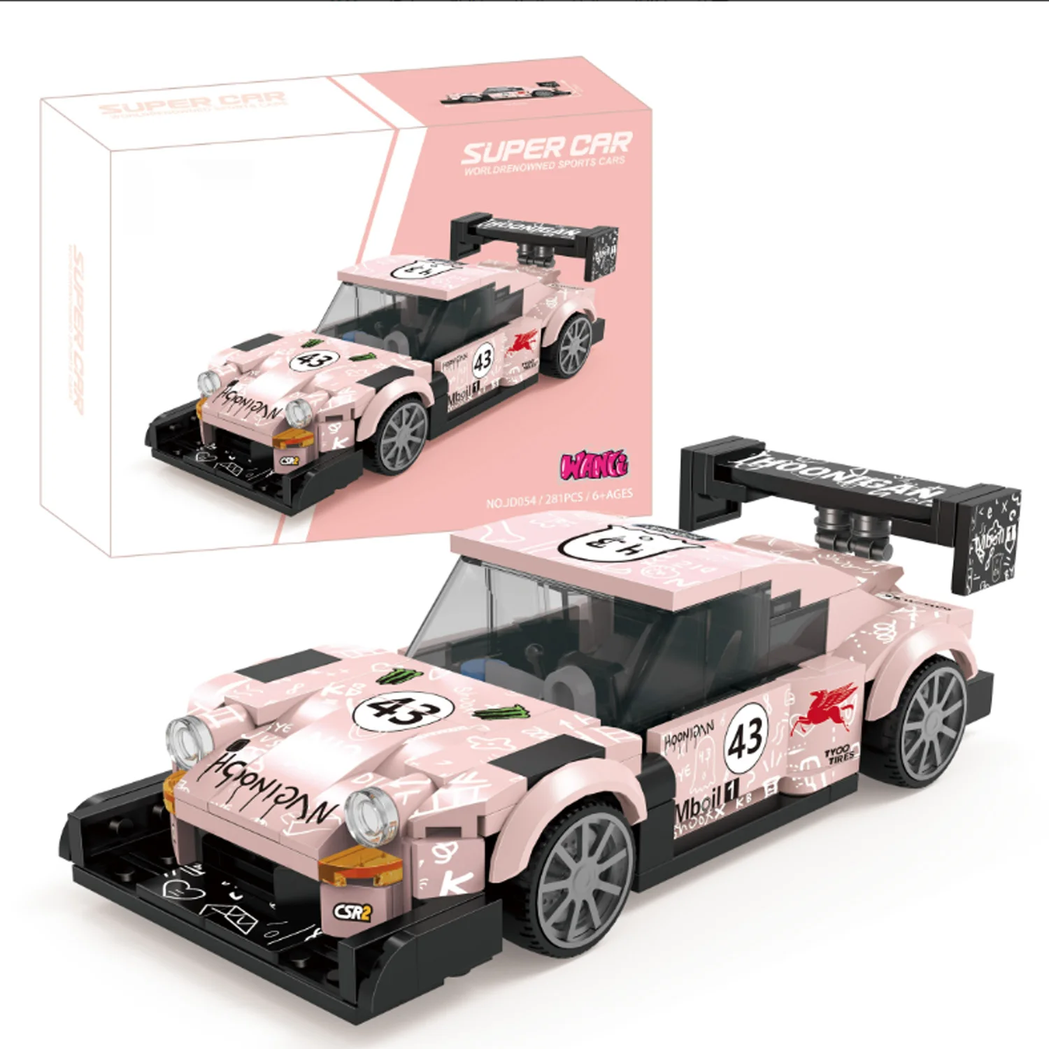 

281PCS Pink Graffiti Retro Race Car Building Set, 1:24 Scale Custom Sports Car Model Kit, Collectible Speed Vehicle Display