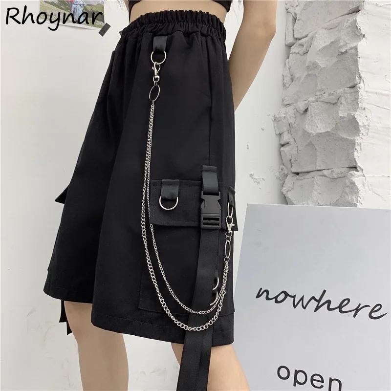 Solid Shorts Women Harajuku Retro All-match Casual High Waist Baggy Chain Design Hip-hop Streetwear Ulzzang Fashion Comfortable