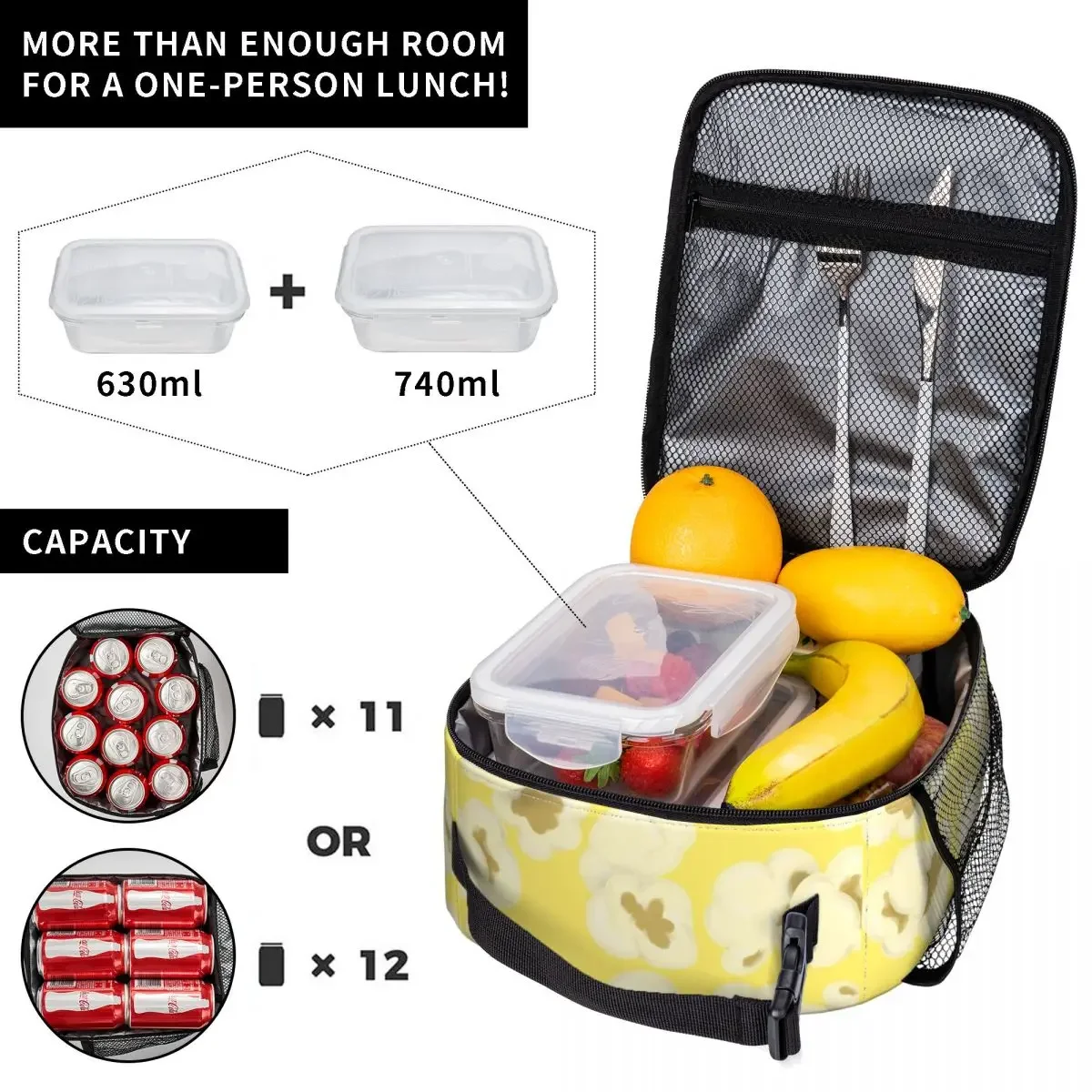 Sac à lunch isotherme réutilisable pour le bureau, bento isotherme, pop-corn au beurre, boîtes de rangement pour aliments, glacière thermique, Merch