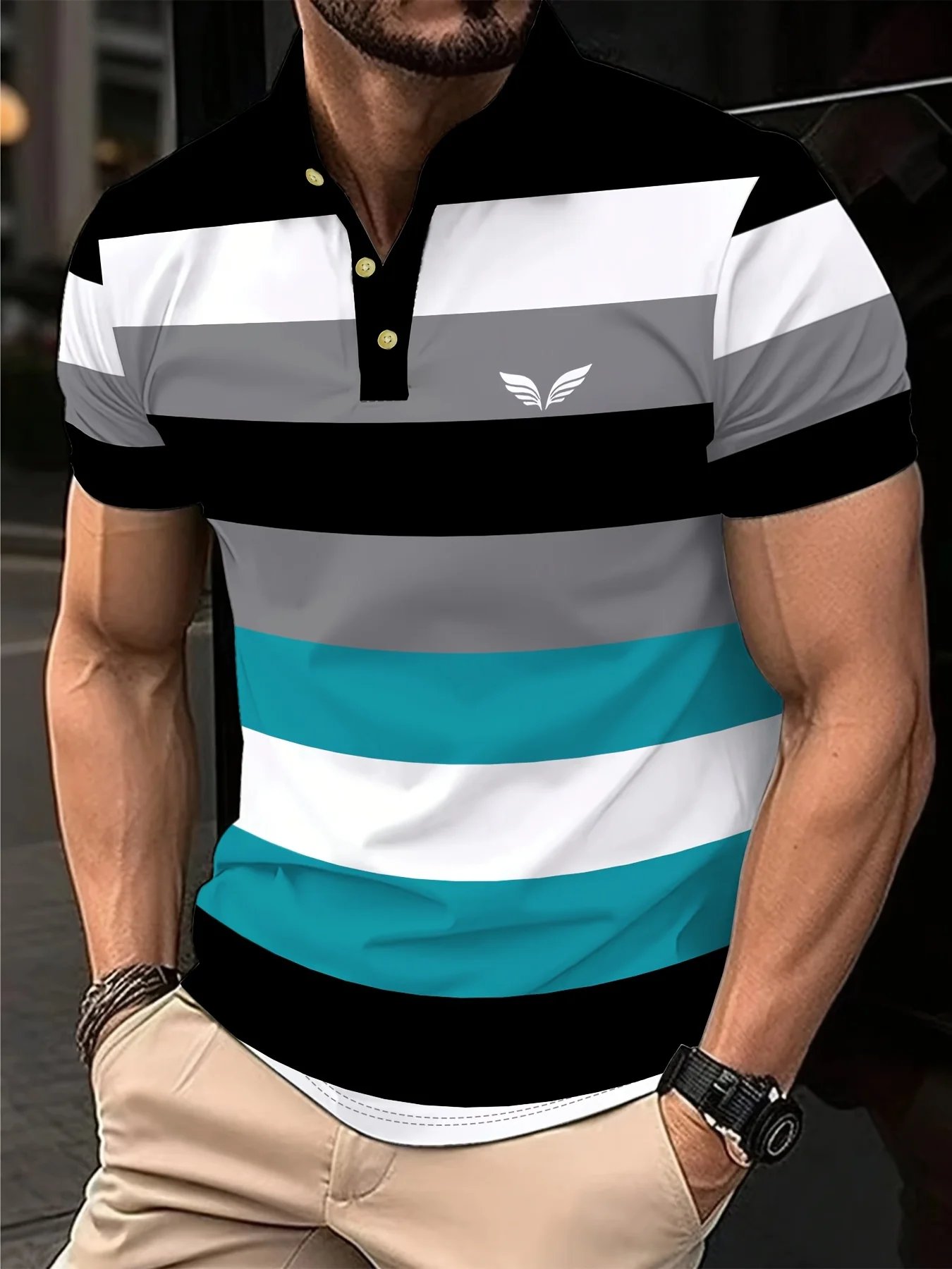 

Мужская повседневная футболка-поло с коротким рукавом, в полоску и с принтом «крылья», удобная, тонкая и дышащая