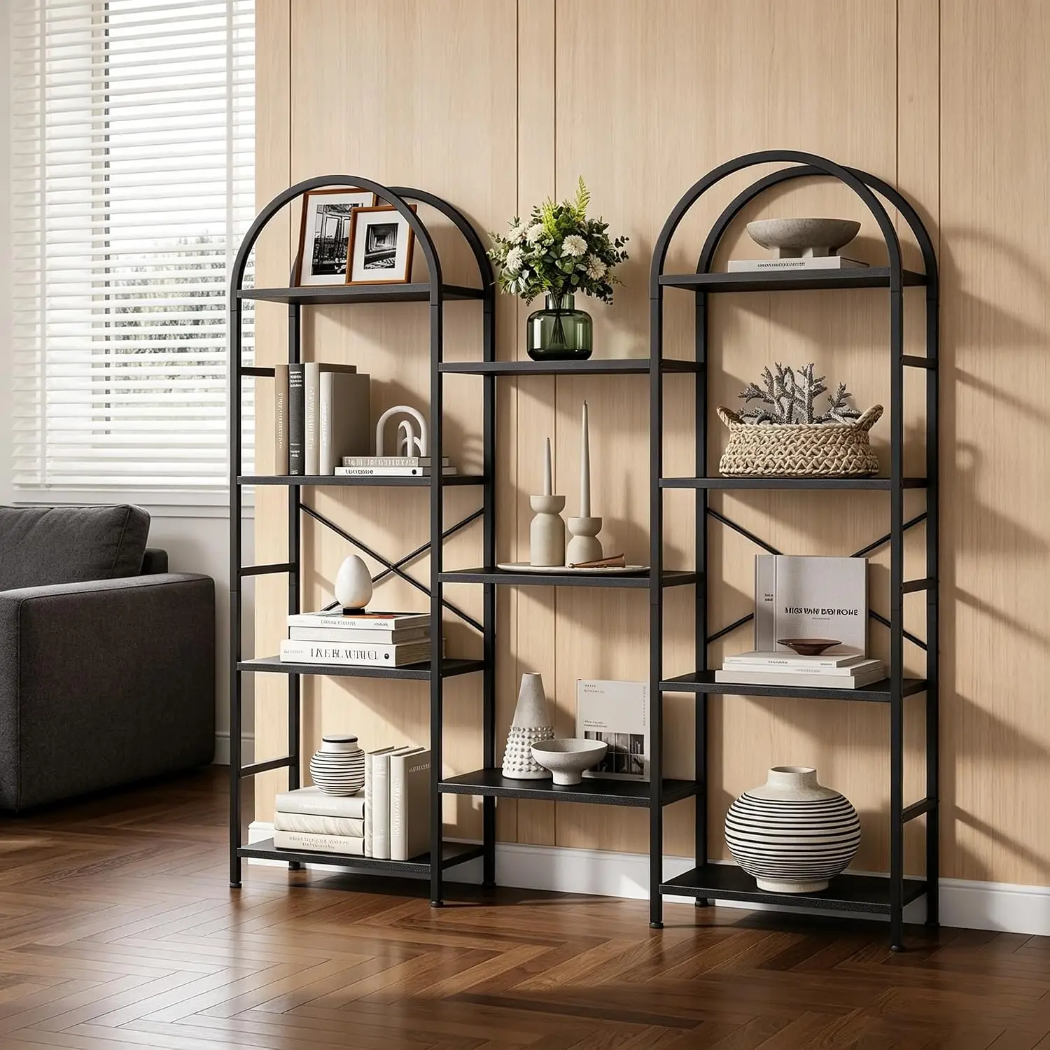 Arched Triple Column 4 Tier Bookshelf 63x63 Inch Tall Storage Display Shelf Living Room Office Library Customized