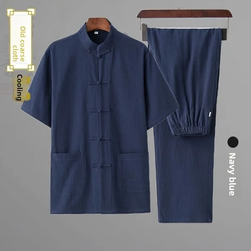 Men's Summer Short Sleeve Cotton Shirt with Belt Chinese Style Button Two-Piece Set Traditional Hanfu Clothing Comfortable Fit