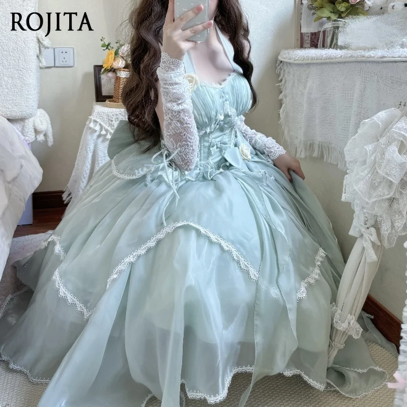 

Lolita Long Dress Elegant and Gorgeous Sexy Halter Neck Sleeveless Fairy Dress Milk Green with Sleeves + Train + Headpiece