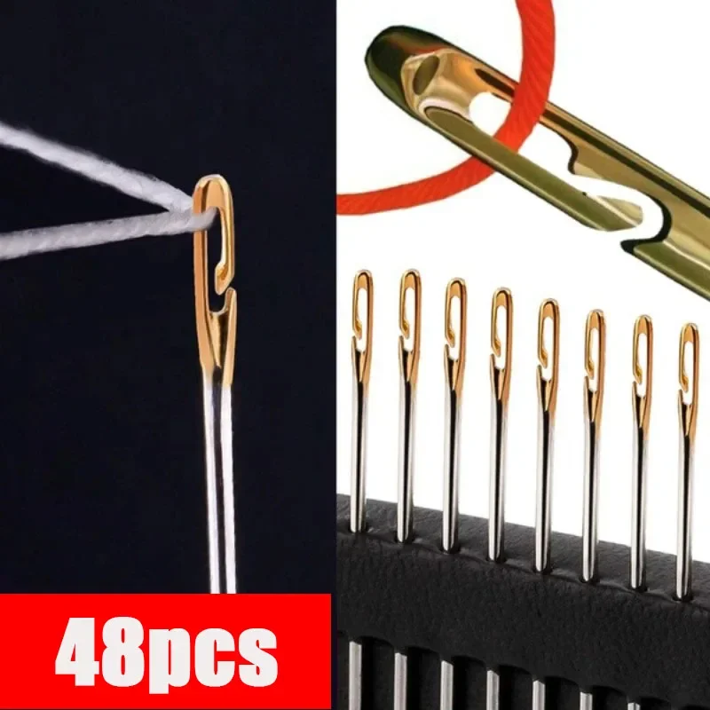12/48pcs Blind Needle Elderly Needle-side Hole Hand Household Stainless Steel Sewing Needless Threading Apparel Sewing DIY