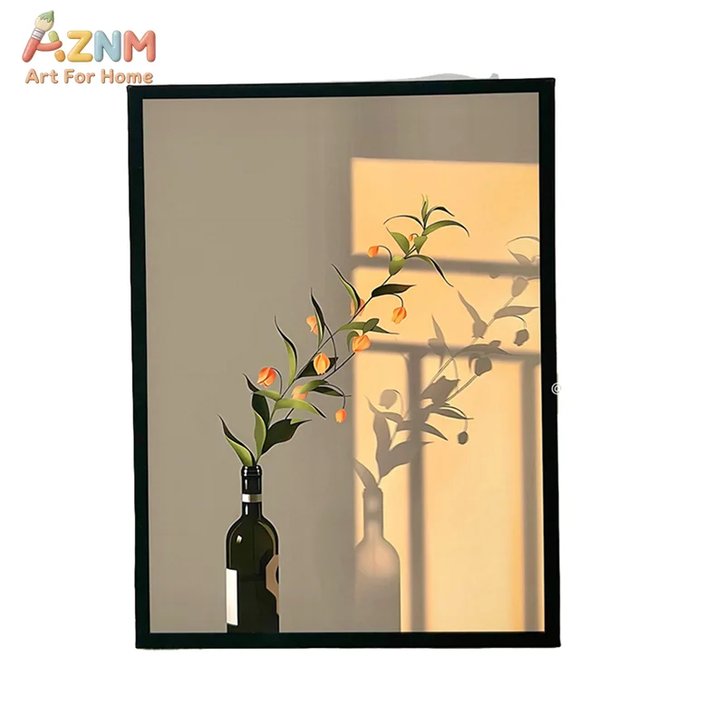 AZNM Minimalist Warm Sunshine Botanical Canvas Wall Art Wine Bottle Flower Branch Shadow Aesthetic Modern Home Bedroom Unframed