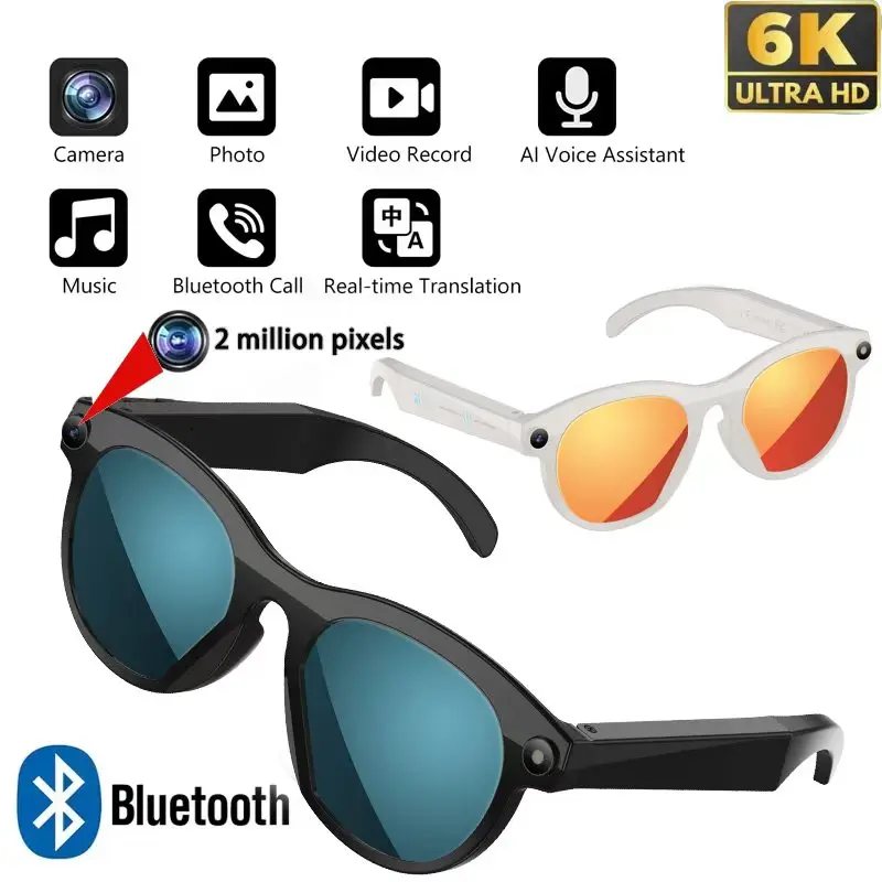 

New AI Smart Glasses 800W Pixel Camera Bluetooth HD Call Voice Assistant Stereo Music Player Translate 6K Photochromic Glasses