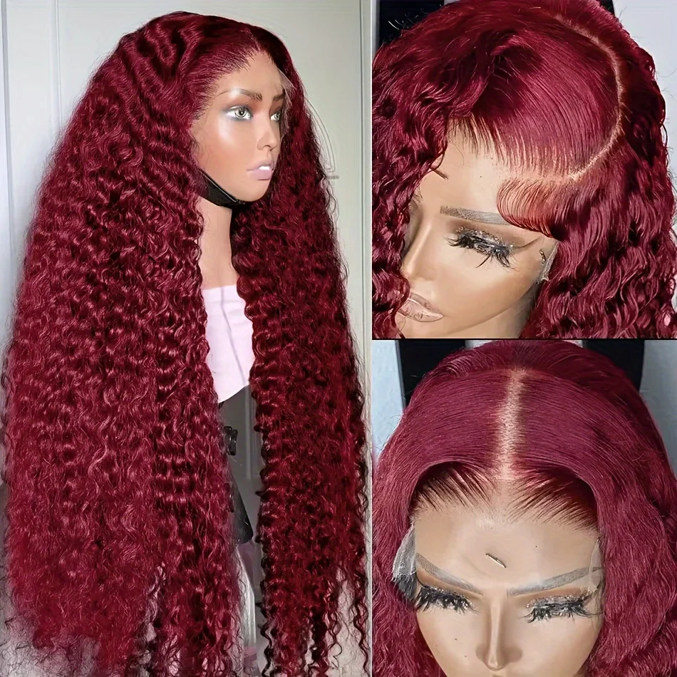 250 الكثافة 99J بورجوندي 13x4 HD الدانتيل أمامي باروكة من شعر طبيعي قبل قطعها الملونة البرازيلي موجة عميقة شعر بشري مجعد شعر مستعار #2