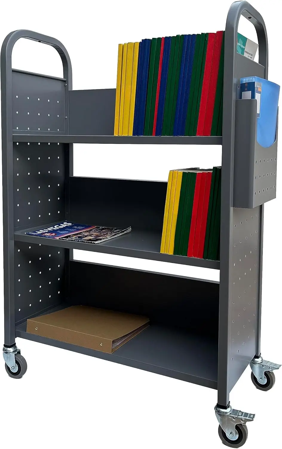 Rolling Book Truck Book Cart with 3 Flat Shelves, Library Book Cart with Swivel Lockable Casters 3001 Gray