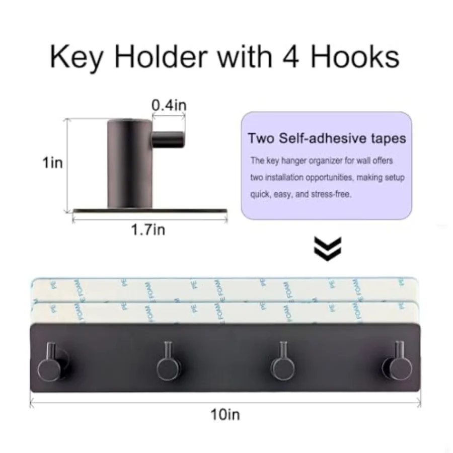 Key Holder for Wall with 2 Self-Adhesive Tapes Key Hanger Organizer for Wall with 4 Hooks Metal Key Rack for Door, Entryway, Ki - view 2
