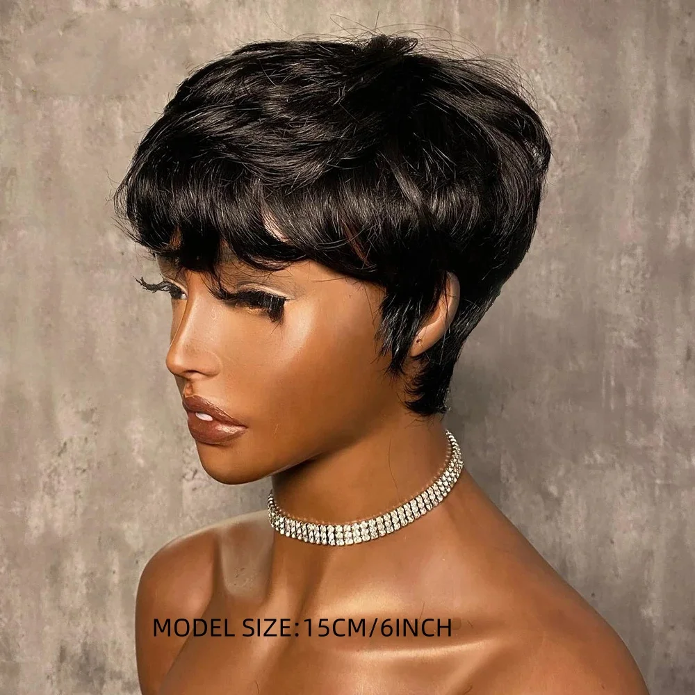 شعر مستعار بقص بيكسي شعر بشري مفرود أسود طبيعي مع غرة مصنوع آليًا بالكامل للنساء