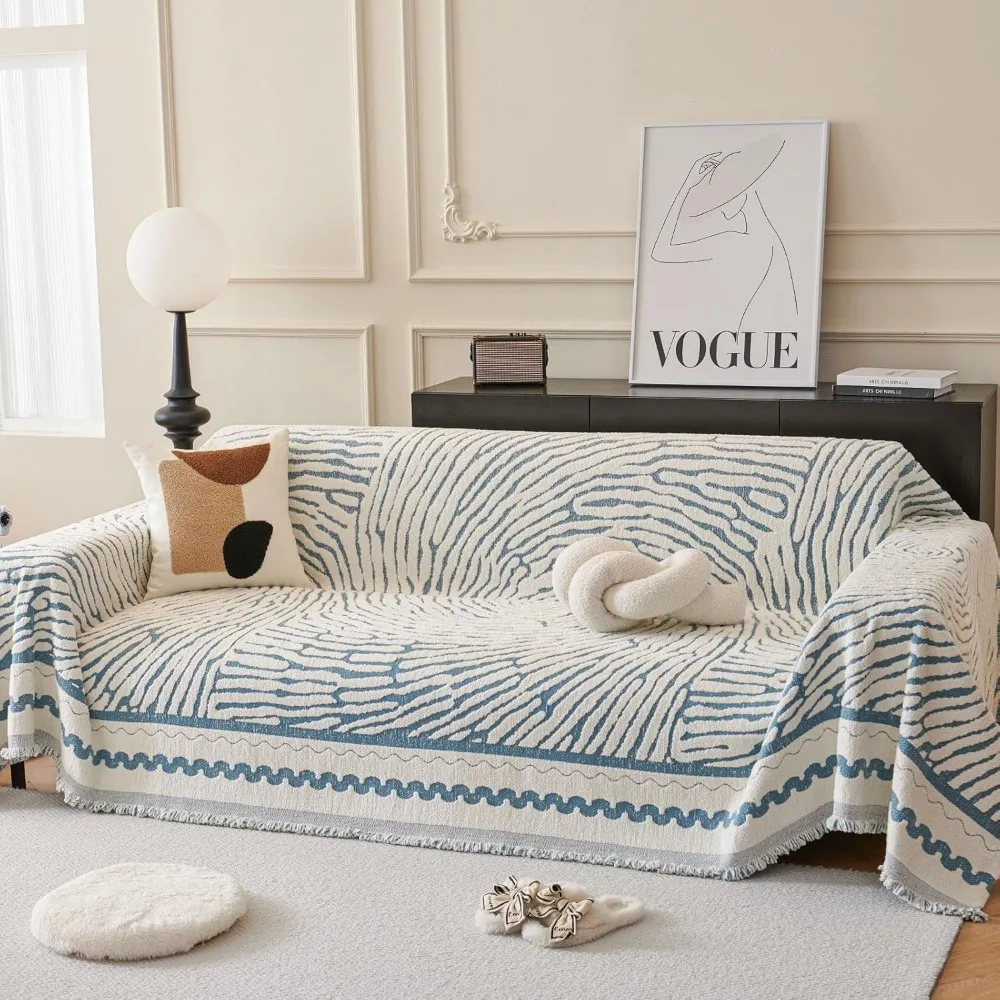 غطاء أريكة شانيل مخطط سميك مع شرابة، بطانية غطاء أريكة زرقاء للأرائك المقطعية، أغطية ناعمة للأرائك الكبيرة