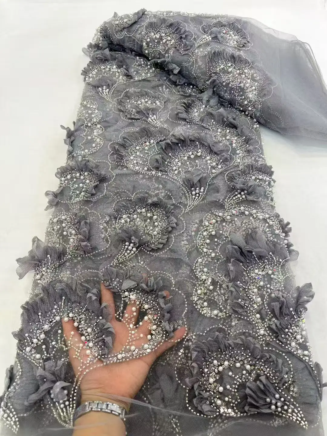 African Lace Fabric 2025 High Quality French 3D Flower Sequins Embroidery Beads Tulle Lace Fabric for Party Dress
