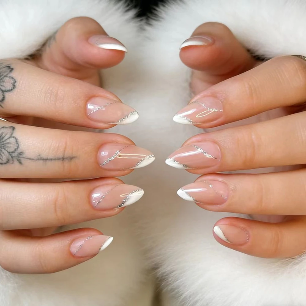 

Glossy Nude Pink French Tip Press On Nails with Silver Glitter Lines Reusable Fake Nails with Jelly Glue for Women Daily Wear