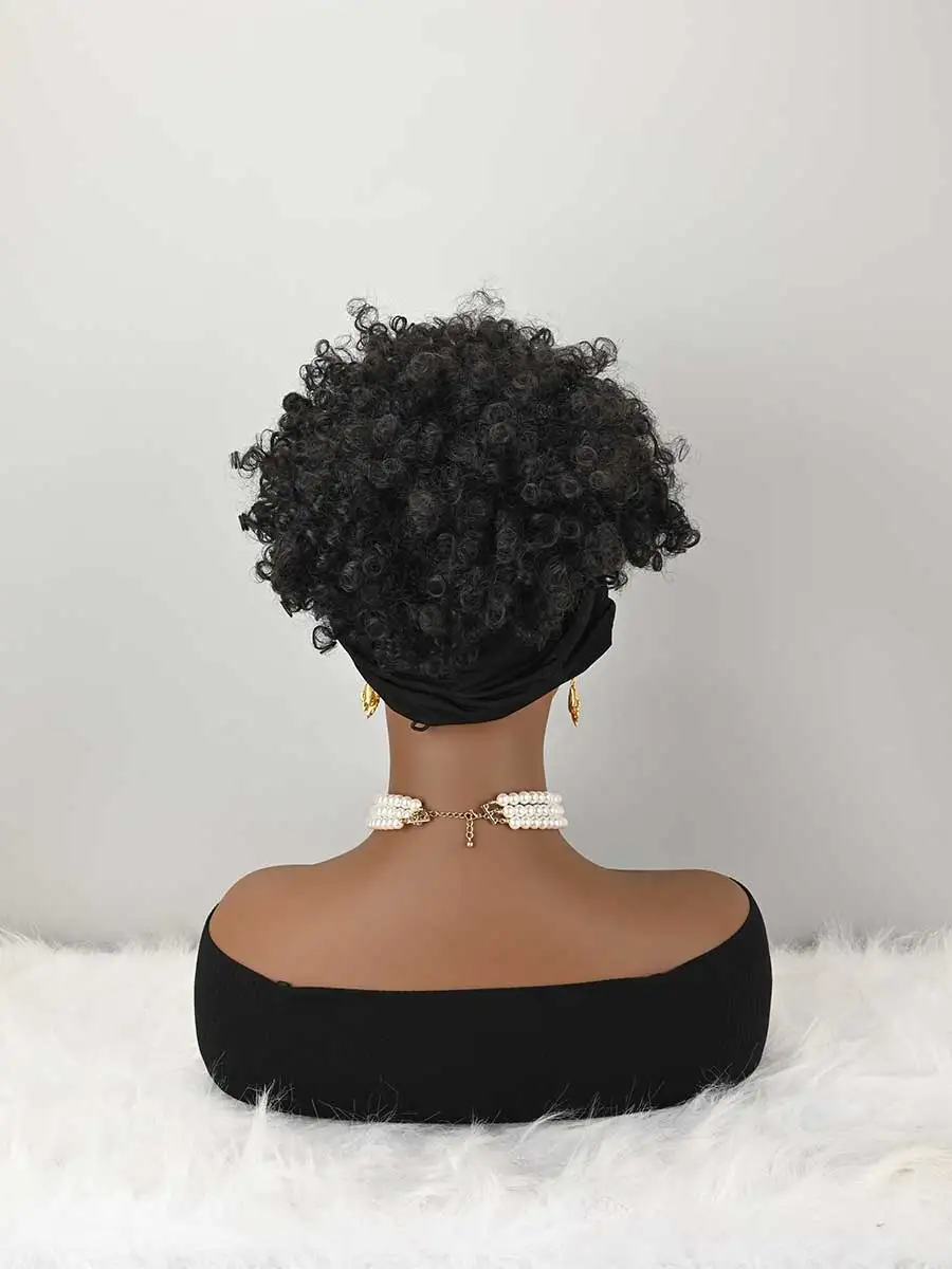 Headband Wig Curly Headband Wig With Bangs For Women Synthetic Afro Curly Hair Wig With Headband Attached Short Kinky Curly Afro High Puff With Bangs Stripes Short Red Curly Wigs with Bangs for Women, Natural Wavy Synthetic Wig, Fluffy Pixie Cut