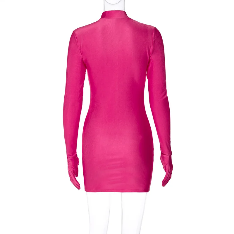 Lange Mouw Hoge Hals Neon Roze Mini Jurk Voor Vrouwen Bodycon Sexy Streetwear Party Club Outfits Slanke Korte Jurk Zomer Outfits