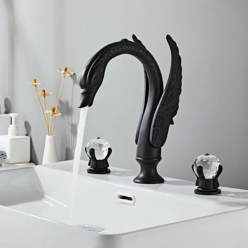 

Gold Swan Bathroom Faucet Hot and Cold Crystal Handle Three Hole Creative Luxury Swan Bathroom Cabinet Faucet