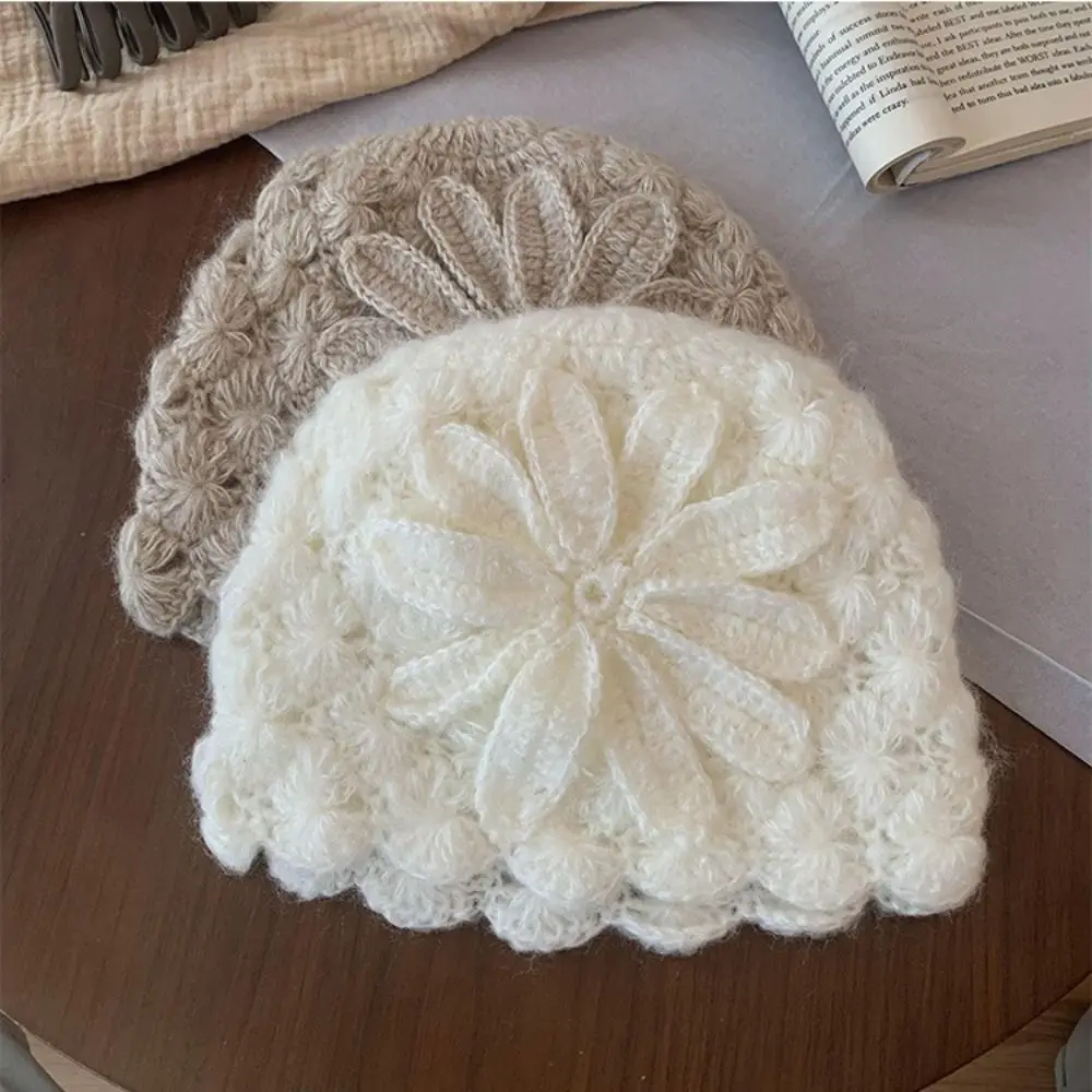 

Casual Handmade Crochet Flower Hat Thin Bohemian Style Hollow Out Knitted Hat Ethnic Style Korean Weave Cap Spring and Summer
