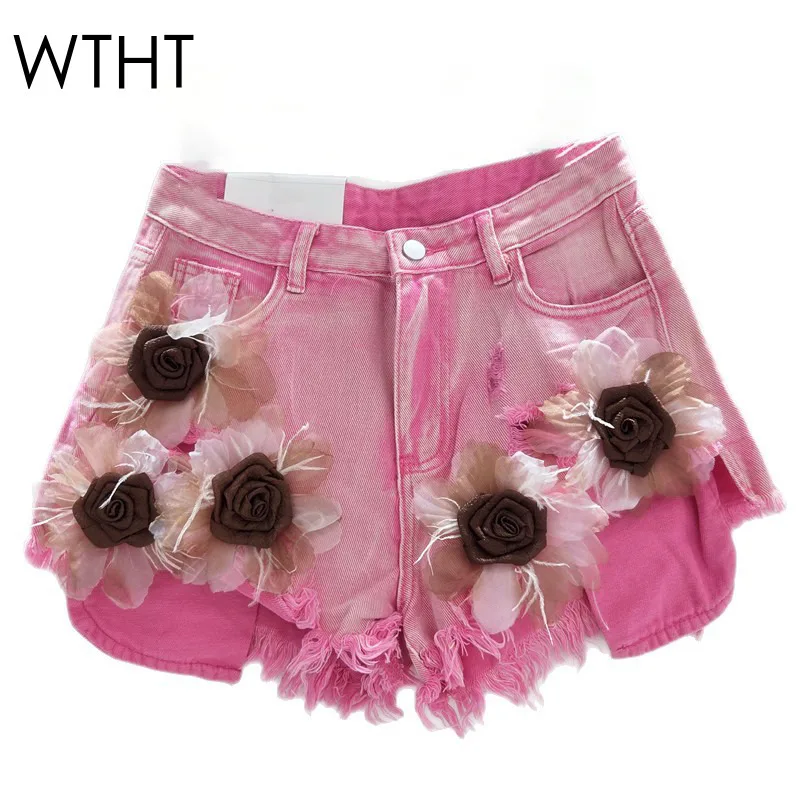 

WTHT New Fashion Women Spliced 3D Flower Wash Denim Shorts 2025 Summer Trendy High Waist Hole A-line Short Pants Female 1LS1877