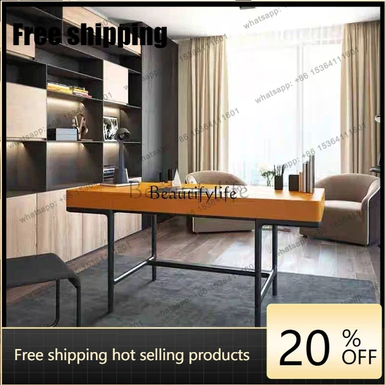 HJ Italian light luxury orange solid wood office desk model room study furniture complete orange writing desk