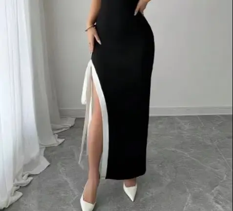 

Womens Dresses 2026 Spring Summer New Fashion Contrasting Sexy High Slit One Shoulder Sleeveless Slim Fit Long Dress