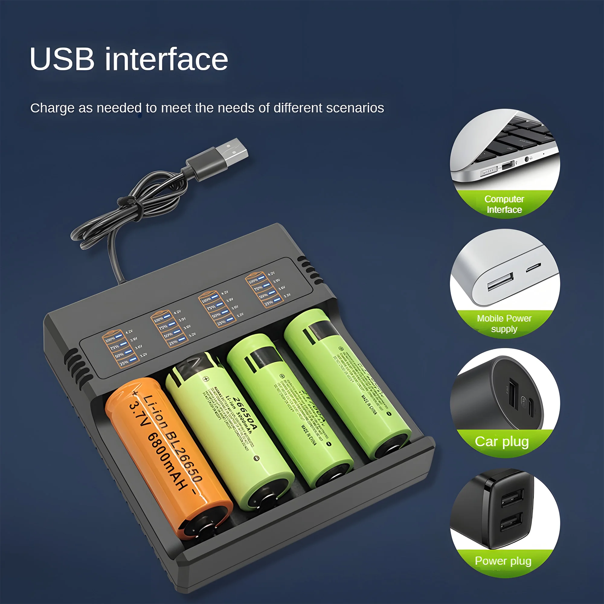 Battery Charger 4 Slots LCD USB Fast Charging For 18650 4.2V AA AAA NI-MH Rechargeable Batteries 26650/21700/18490/16340/14500