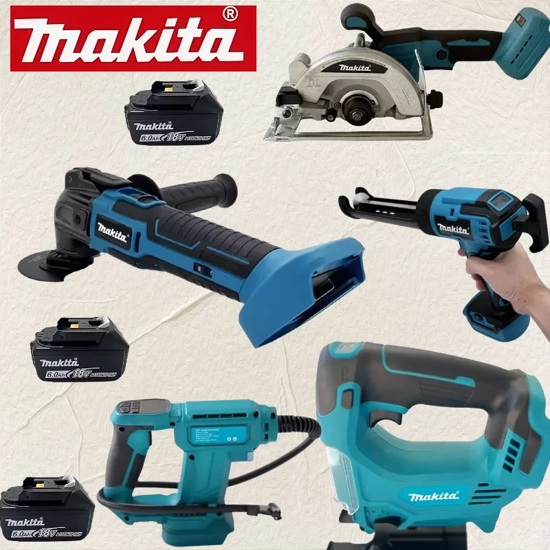 

Набор электроинструментов Makita: бесщеточная шлифовальная машина, пистолет для нанесения герметика, цепная пила, компрессор, силиконовый пистолет, машина для резки