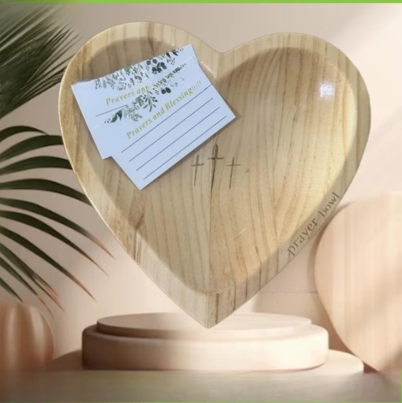 Vintage Wooden Heart Shaped Prayer Bowl with Cross and ‘Prayer’ Text - Perfect for Home Decor Living Room or Prayer Room