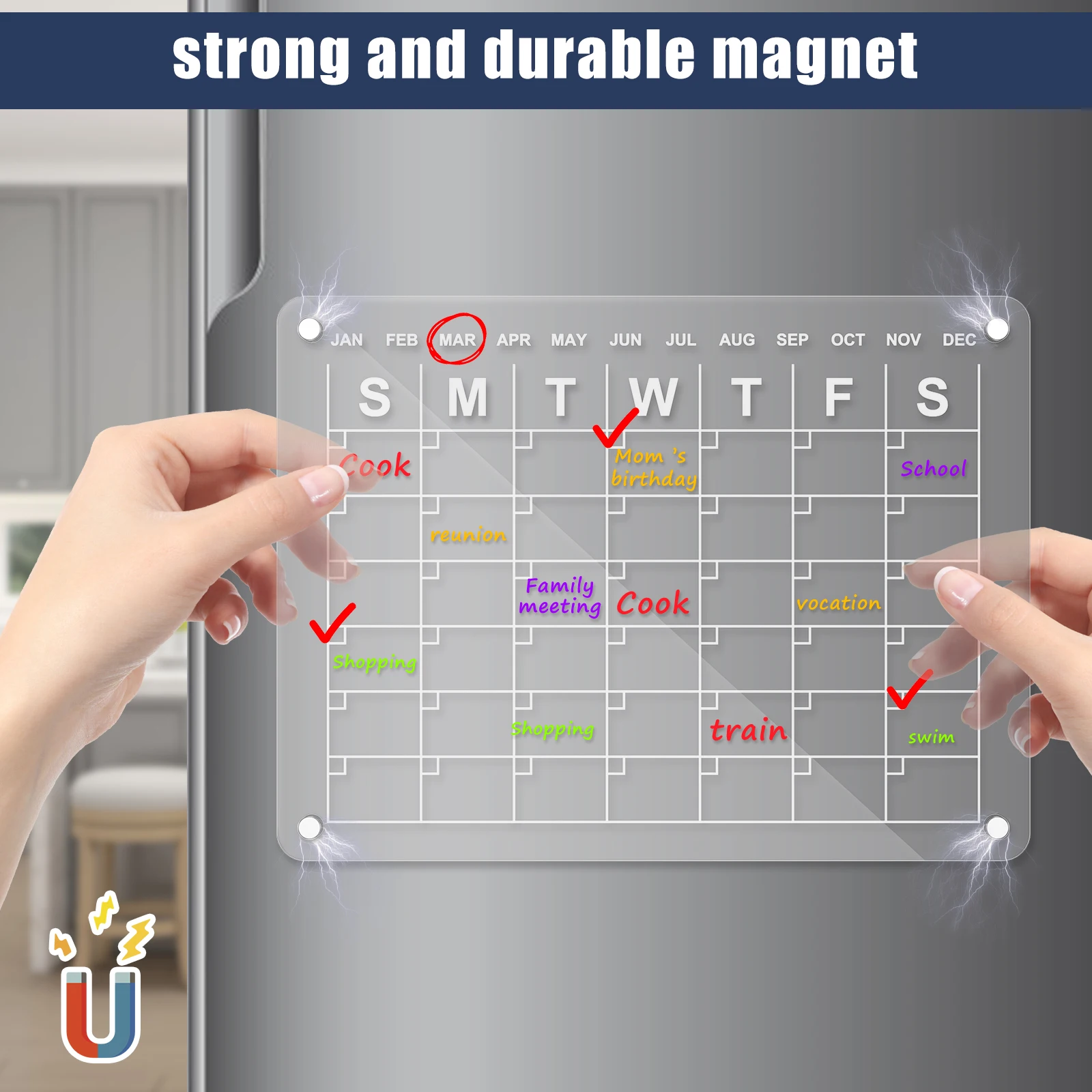 Acrylic Magnetic Calendar Clear Dry Erase Board Reusable Monthly and Weekly Memo with 6 Markers Portable Note Message Board