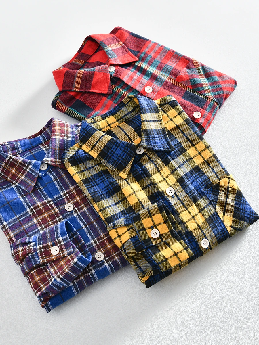 

American Casual Cotton Flannel Washed Men's Retro Plaid Long Sleeve Shirt Breathable Moisture Wicking Standard Fit Youth Fashion