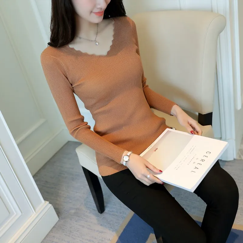 2024 Autumn Long Sleeve Sweater Winter Spring Pullover Solid Black White Knitted Sweater Top Wave Cut V-neck Basic Office 7809