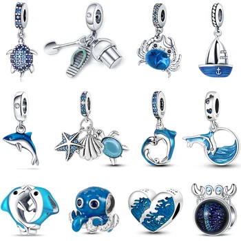 100% 925 Sterling Silver Dolphin Crab Beach Ocean Vacation Charms Beads Fit Pan Original Bracelets DIY Holiday Jewelry Gift