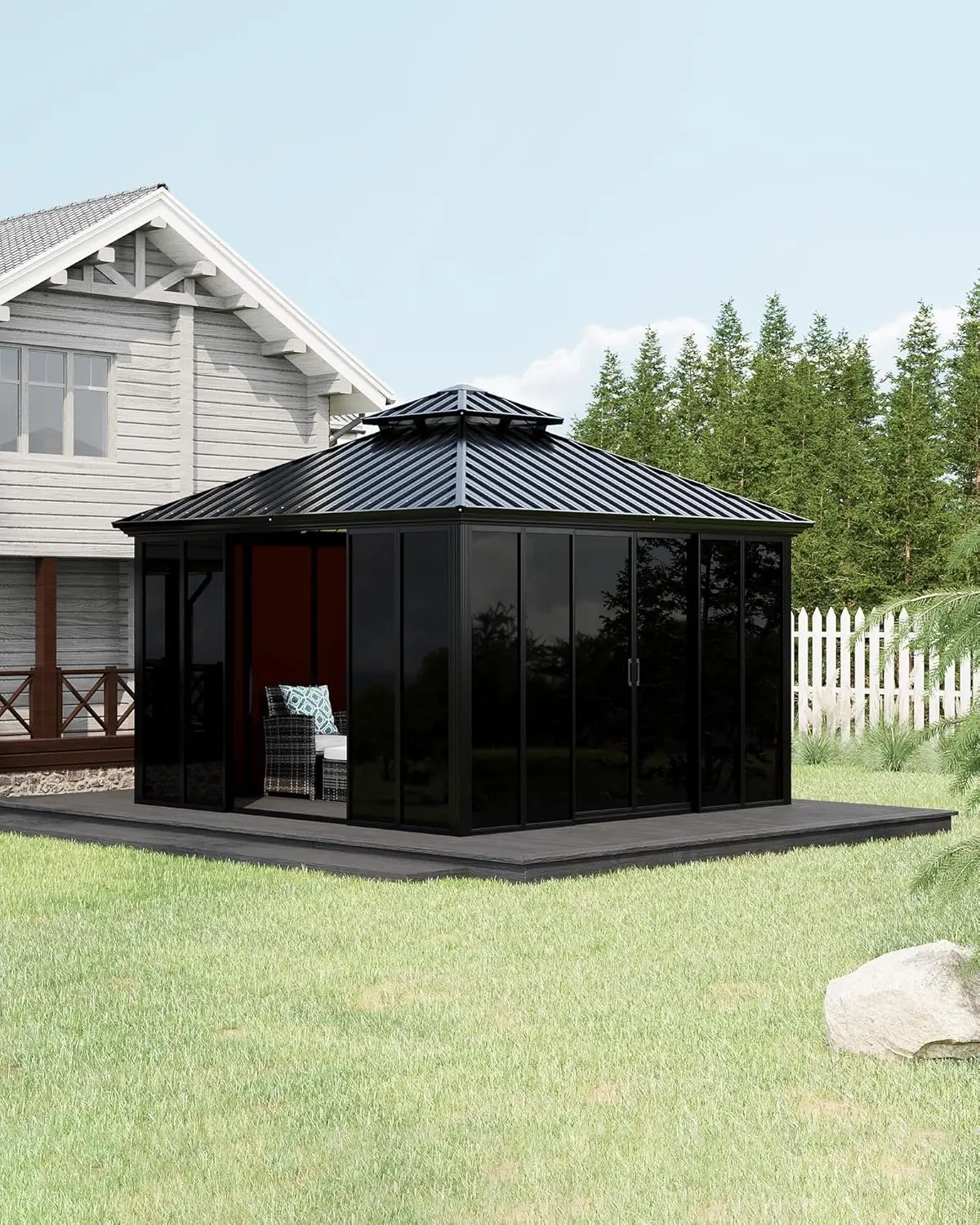

Садовая беседка-веранда 12x12 футов с жесткой крышей, закрытая беседка со сдвижными дверями от пола до потолка, полностью алюминиевая рама, для улицы