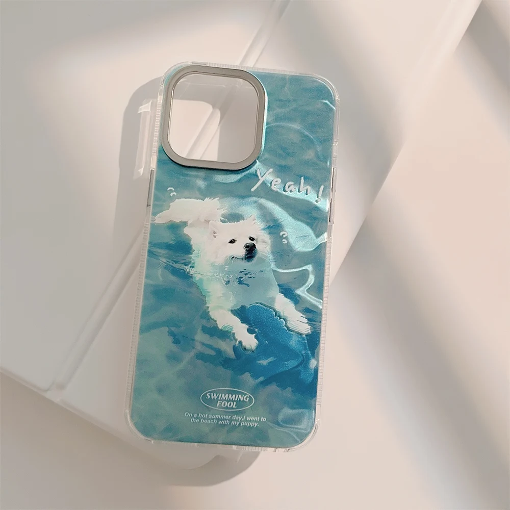 Creative Water Ripple Crab for iPhone Case, Samoyed Ocean Swim Phone15 14 13 12 Pro Max, Cute Puppy