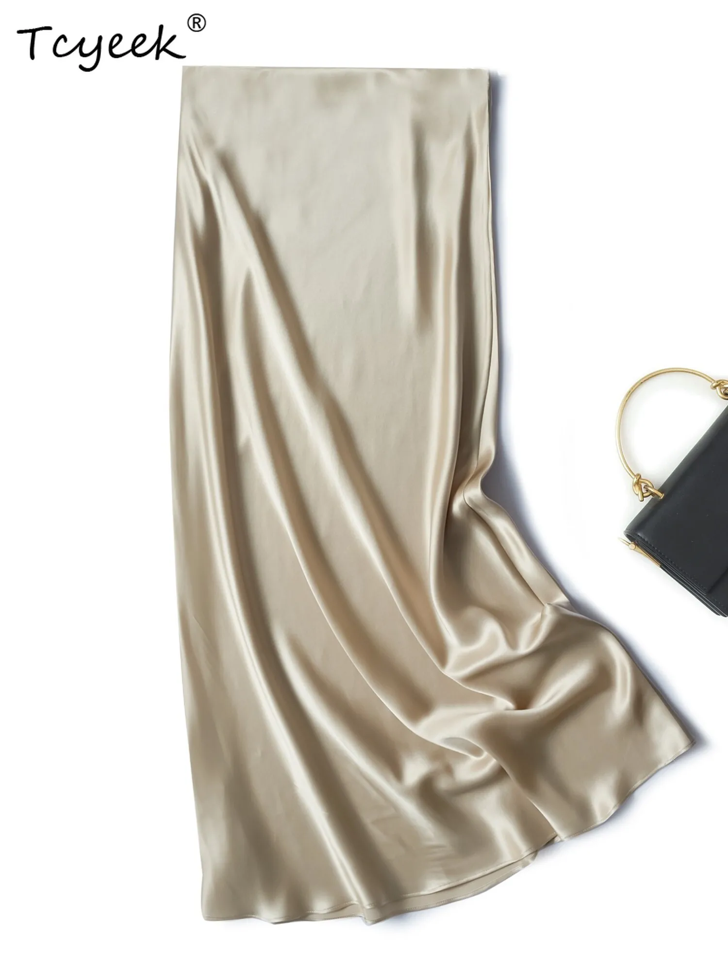 Tcyeek 100% マルベリーシルク 春夏 ハイウエスト Aライン サテン 無地 フィッシュテール ロング レディース スカート