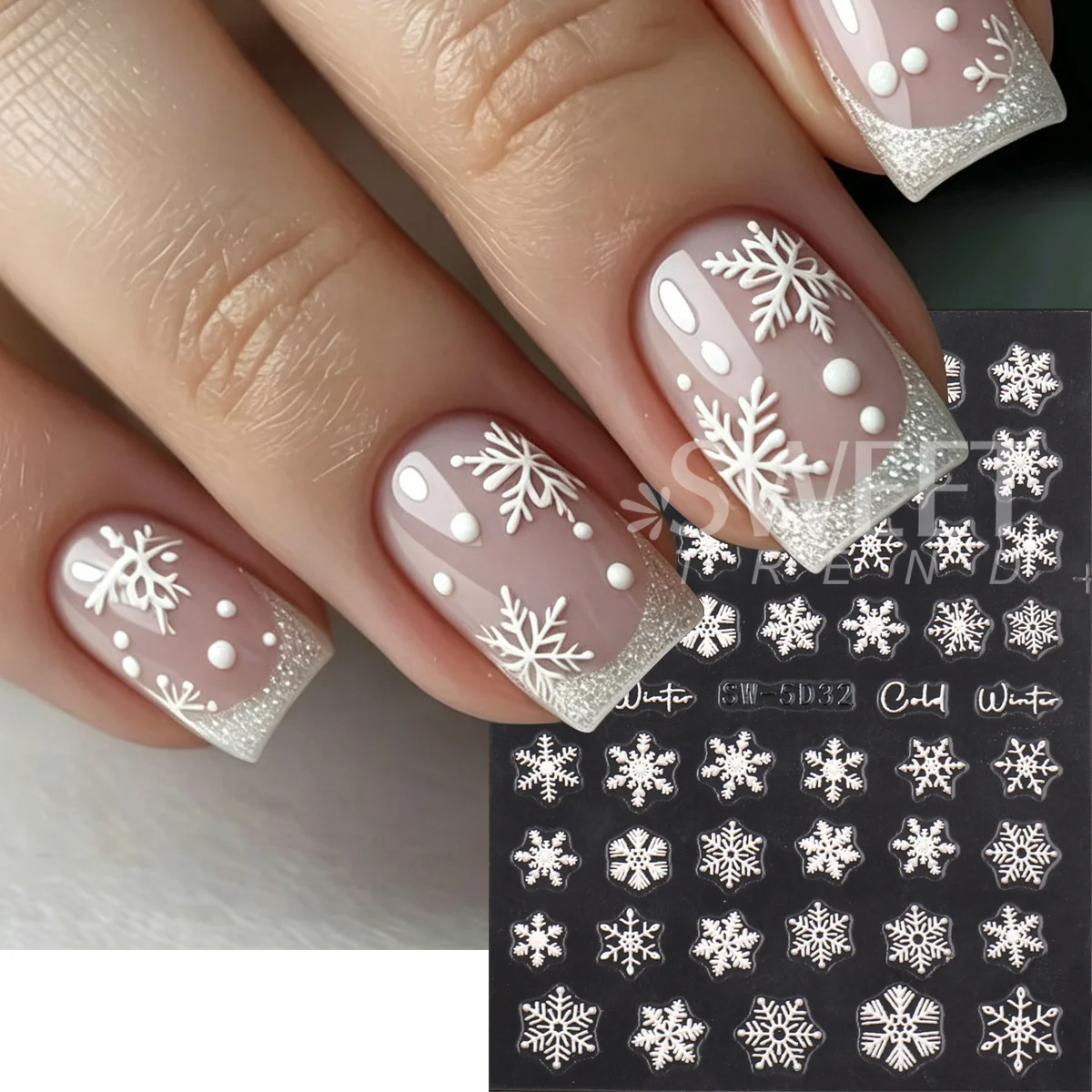 2pcs Acrylic White Snowflakes Nail Embossed Sticker Snowman Gingerbread Elk Xmas Tree Decal Simple DIY Christmas Winter Manicure