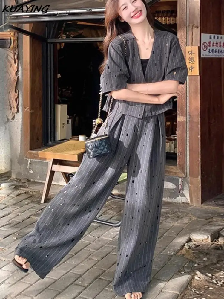 Women Striped Wide Leg Pants Two Piece Set Summer Fashion Female Street Style Short Sleeved  Shorts Suits Female Casual Outfits