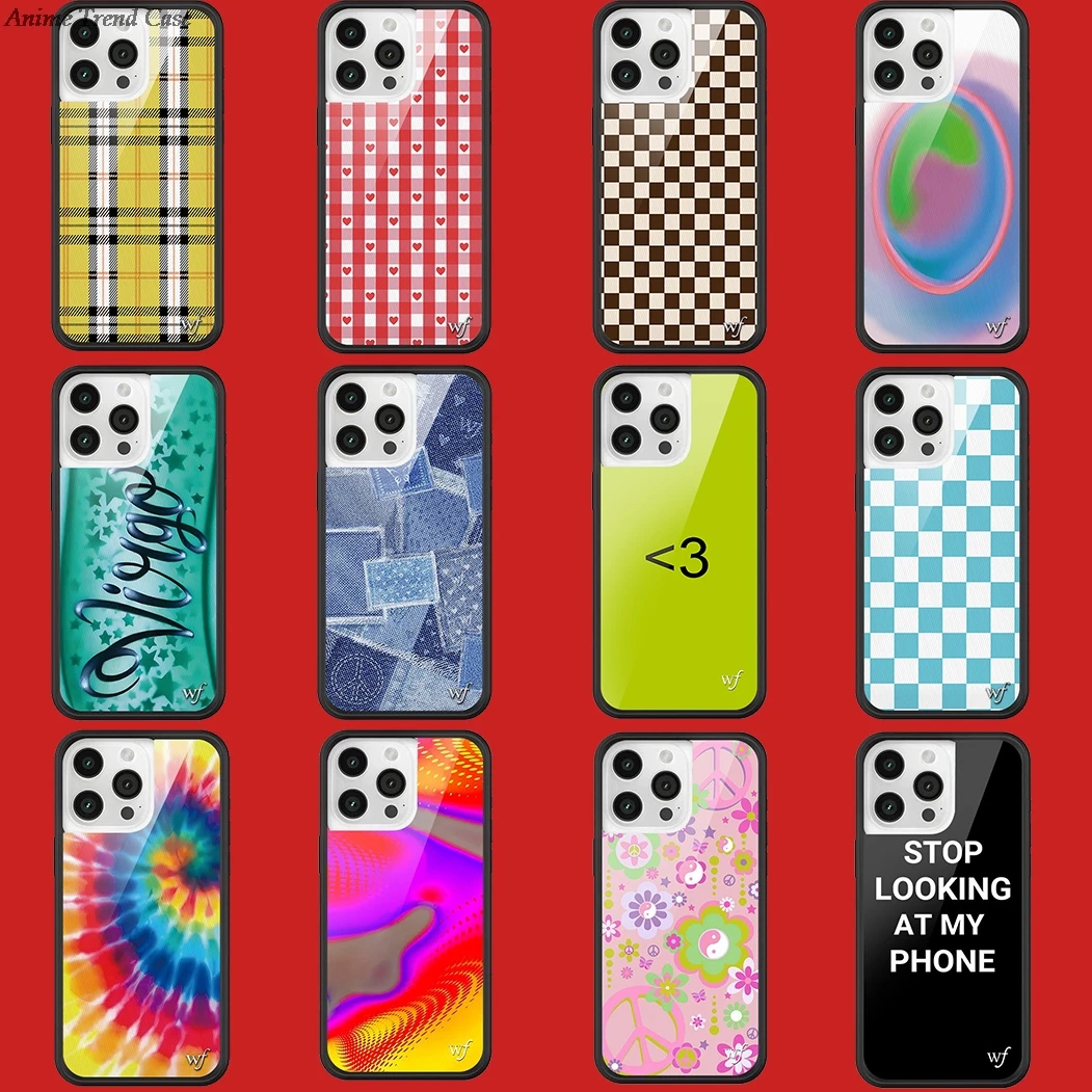 Wildflower WF Plaid fabric light phone Case for iPhone 15 14 13 12 Pro Max Plus 14pro 15pro WF Metal logo Cartoon Cover Funda