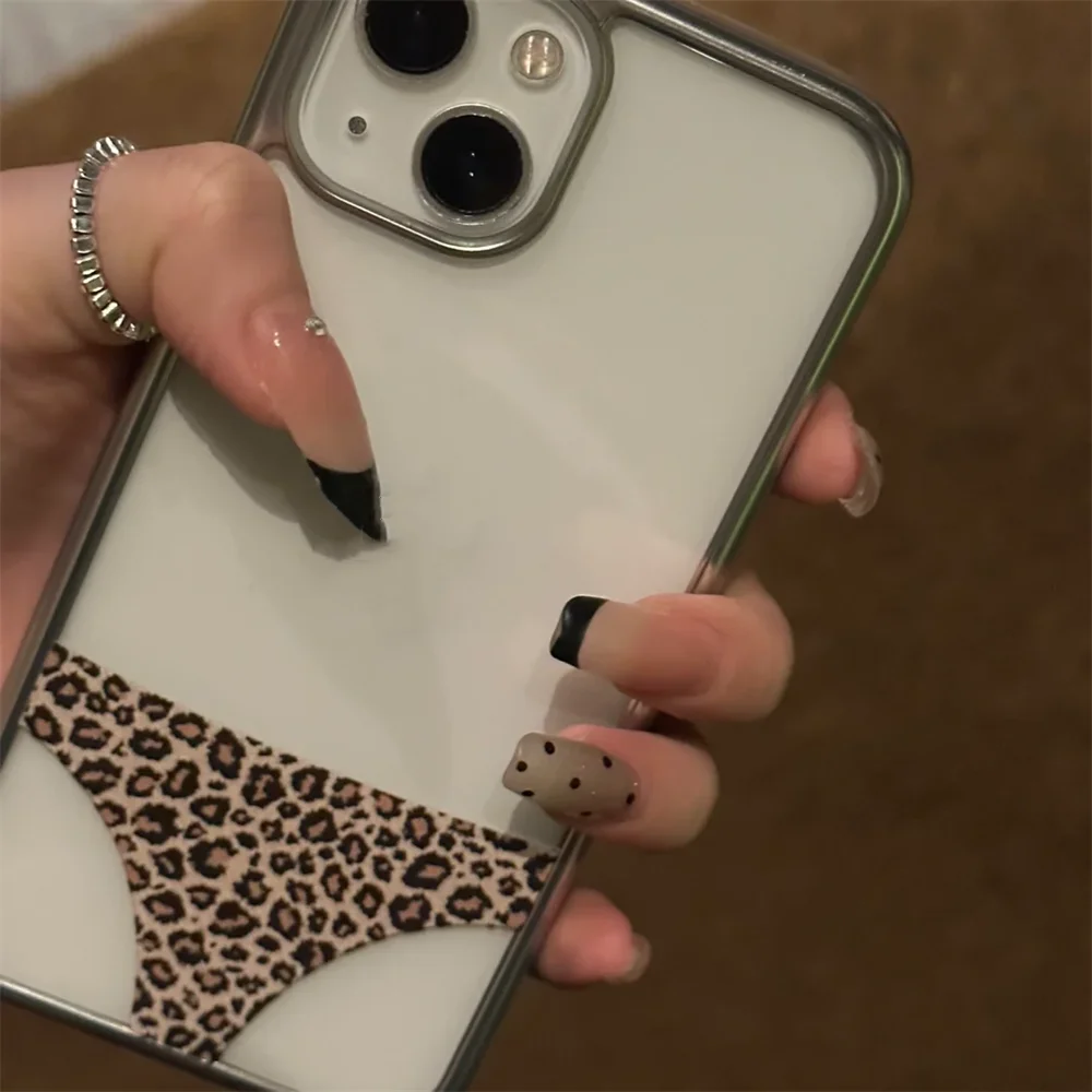 Funny Leopard Prints Panties Clear Phone Case For iPhone 16 15 13 14 12 Pro Max INS Creative Plating Frame Soft Silicone Cover