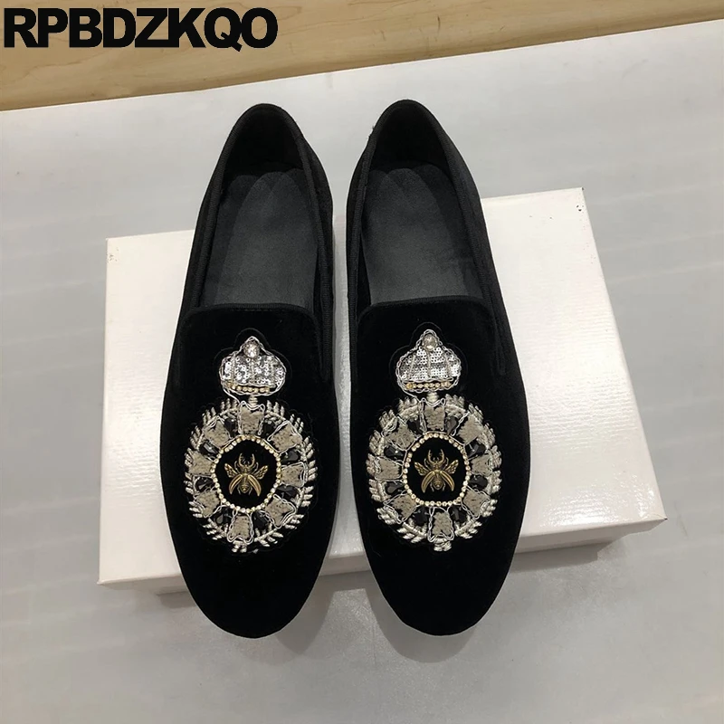 Large Size Animal Rhinestone 45 Round Toe Shoes Smoking Slippers Crown Sequin Slip On Crystal Embroided Men Flats Velvet Loafers