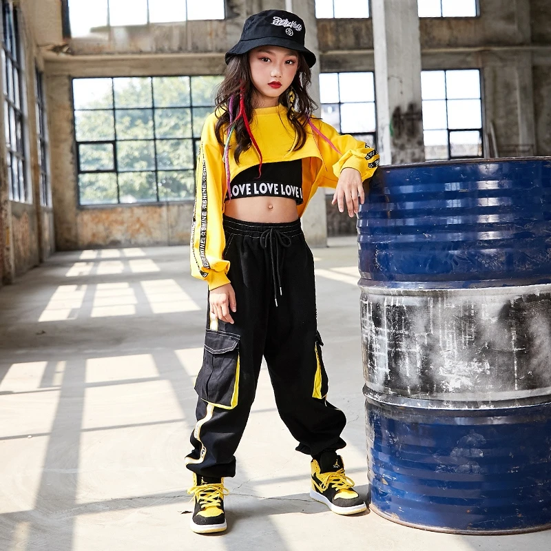 Hip Hop Girls Crop Top Contrast Street Dance Cargo Pants Children Sweatshirt Joggers Kids Streetwear Jazz Costumes Clothes Sets