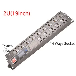 PDU Power Strip 2U Cabinet Mount Voltmeter Ammeter Power Energy Meter 14 Ways Socket Type-C+USB surge and overload protector